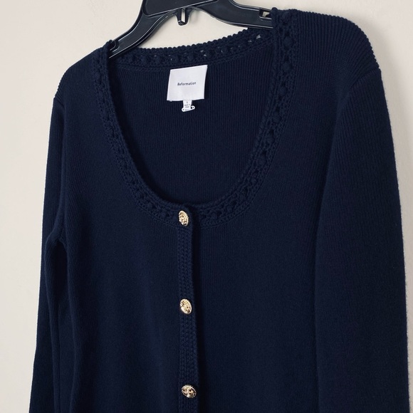 Reformation Priscilla Regenerative Wool Mini Sweater Dress Crochet Navy Large - Picture 11 of 16